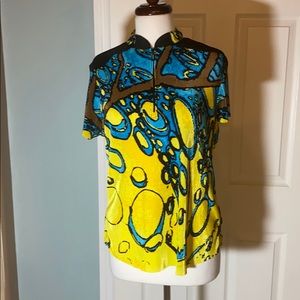 jamie sadock Bright Yellow and Blue Abstract Short Sleeve Top